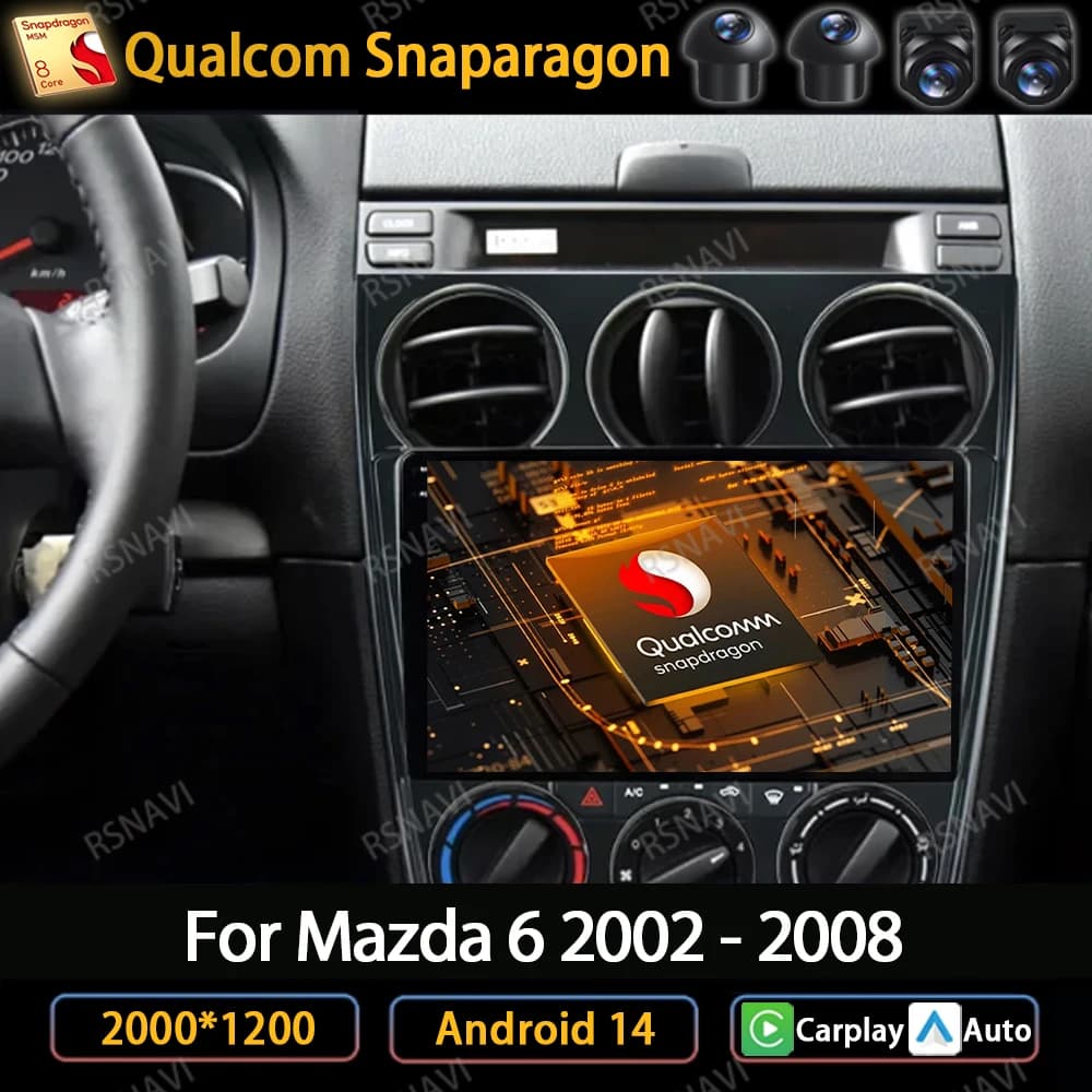 Android 14 Wireless Carplay Auto For Mazda 6 2002 2003 2004 2005 2006 2007 2008 Autoradio Video player Multimedia GPS navigation QLED