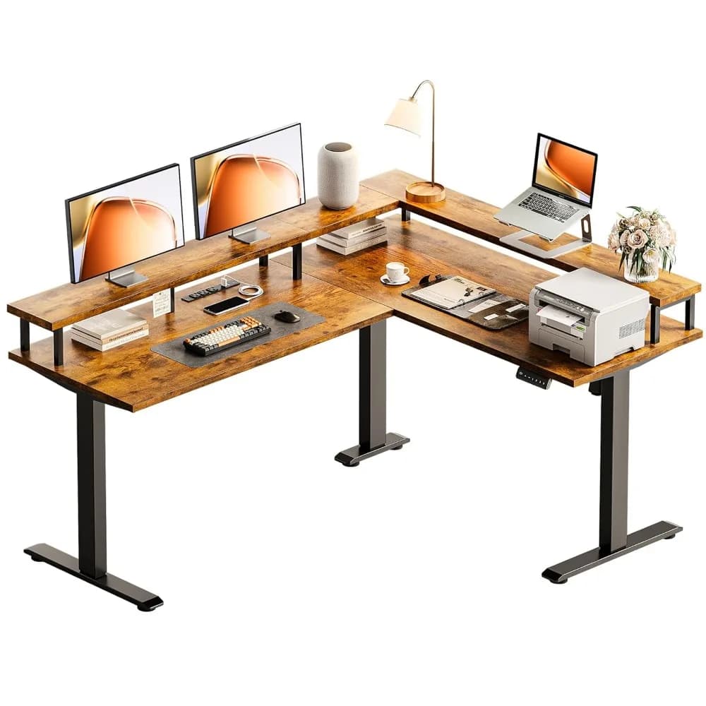 Scrivania Elettrica a L da 59 Pollici Regolabile in Altezza con Prese di Corrente e Supporto Completo per Monitor, Personalizzabile