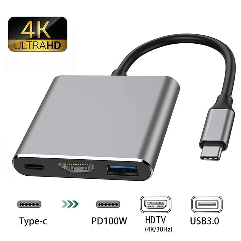 Cavo convertitore USB-C a HDMI compatibile 3 in 1, USB 3.0 Type C a HDMI 4K, adattatore USB 3.0 per laptop, Huawei, iPad, Macbook