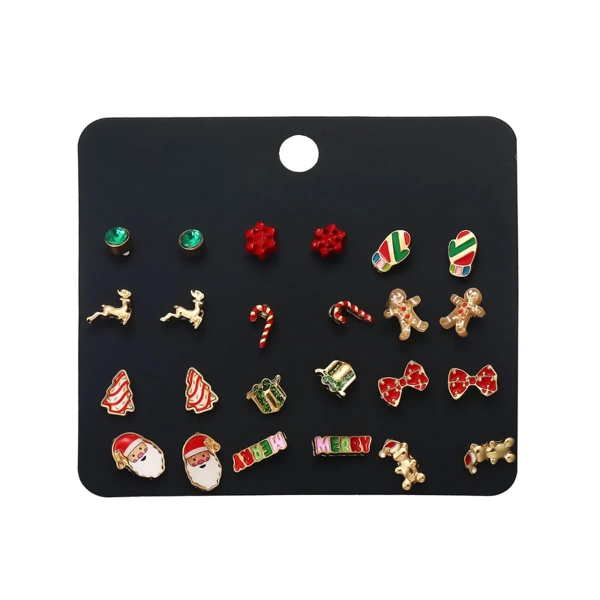 12Pairs/Set Santa Claus Gift Box Snowflake Tree Stud Earrings Deer Gingerbread Cane Bow Earring For Women Men Christmas Jewelry