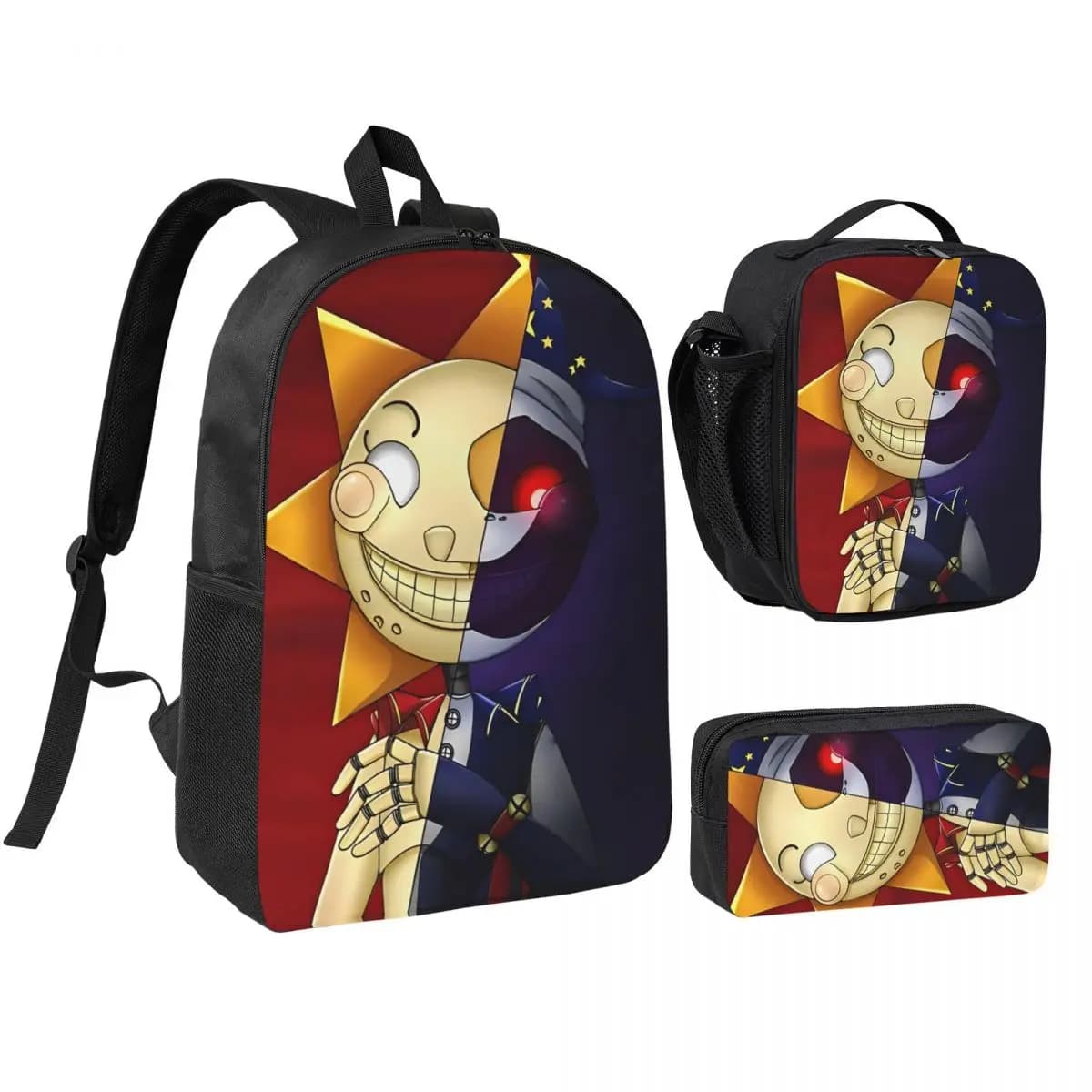 3pecs/set Zaino per film Sun And Moon per adolescenti FNAF Borsa a tracolla Borsa per il pranzo Astuccio per matite