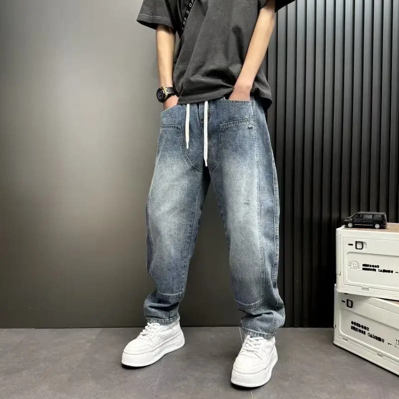 Men Vintage Straight Leg Jeans Spring Autumn American High Street Patchwork Loose Washed Cargo Denim Pants
