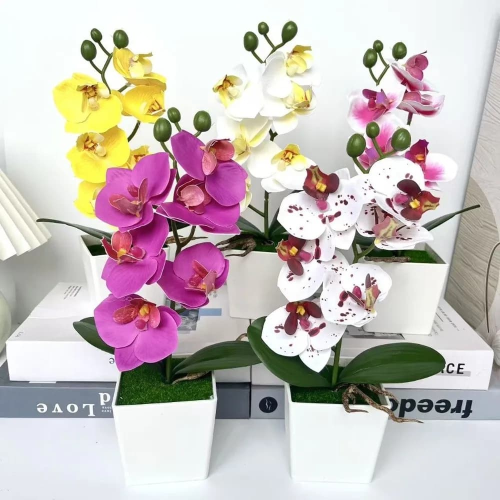 New Phalaenopsis Artificial Orchid Potted Flowers Multi-Bloom Simulated Artificial Faux Plants with White Pot Bonsai Home Decor
