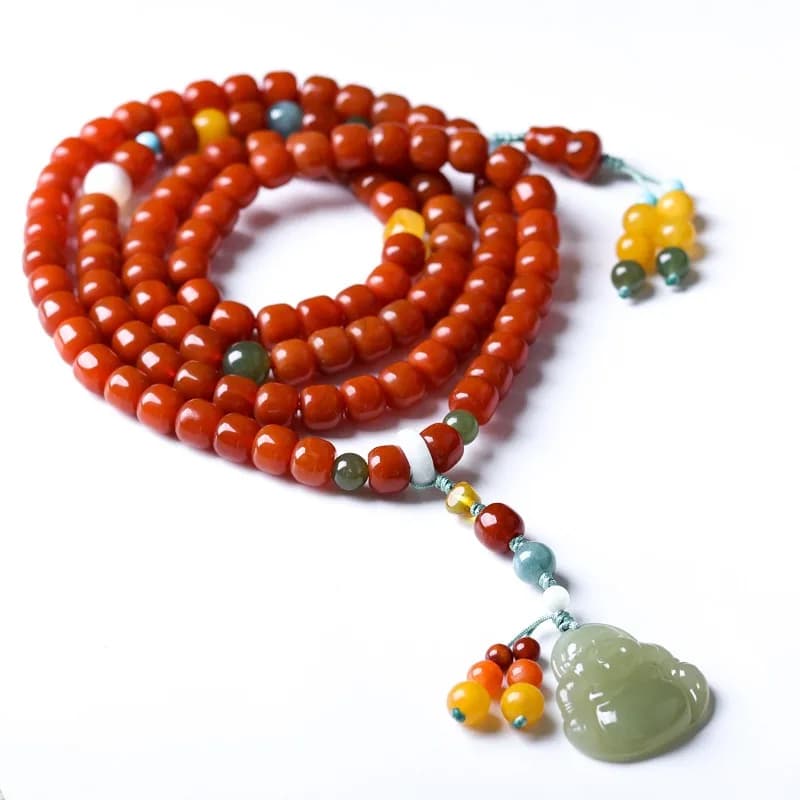 Multi Wrap Bracelet with Red Agate Barrels Hetian Jade Buddha Beeswax Chinese Style Prayer Jewelry Gifts