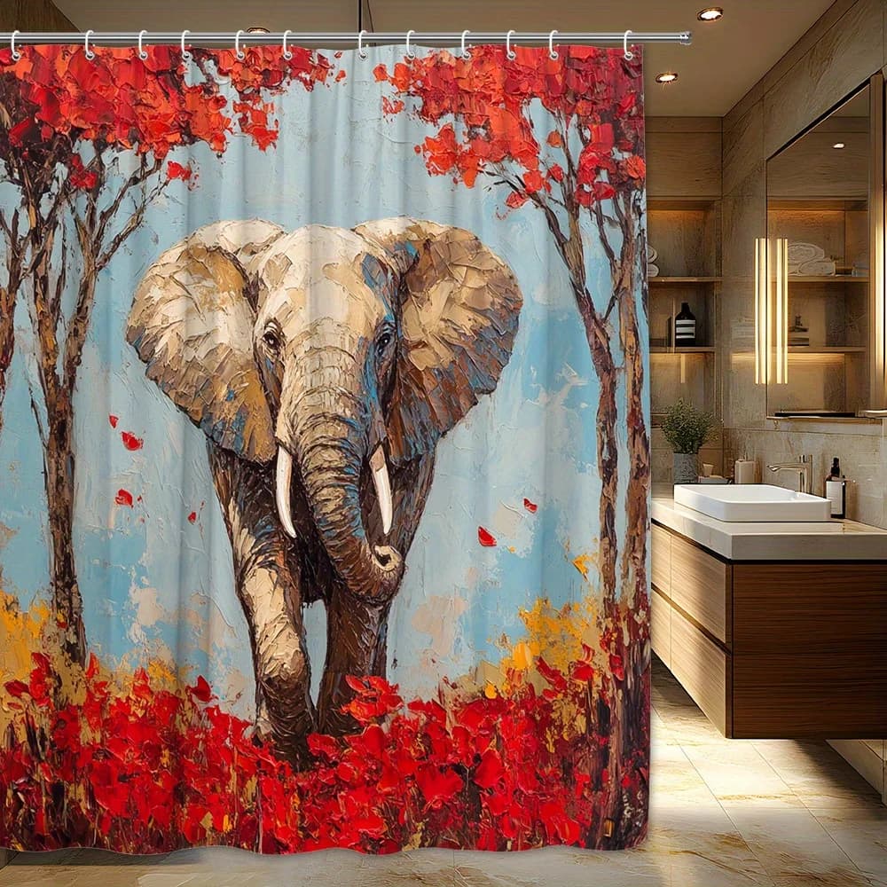 Tenda da doccia con elefante maestoso da 1 pezzo - Pittura strutturata impressionistica con fogliame rosso ardente e morbido cielo blu, tessuto in poliestere