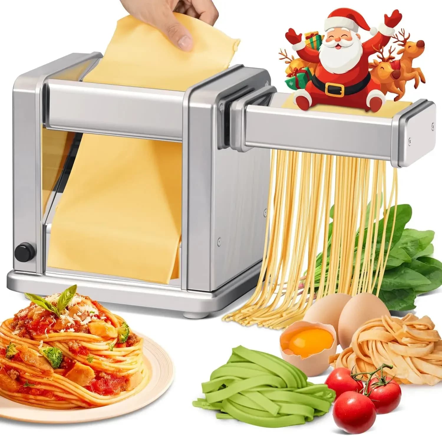 Macchina Elettrica per Pasta in Acciaio Inox con Rullo e Taglierina, 7 Livelli di Spessore e 2 Larghezze Regolabili per Spaghetti, Fettuccine