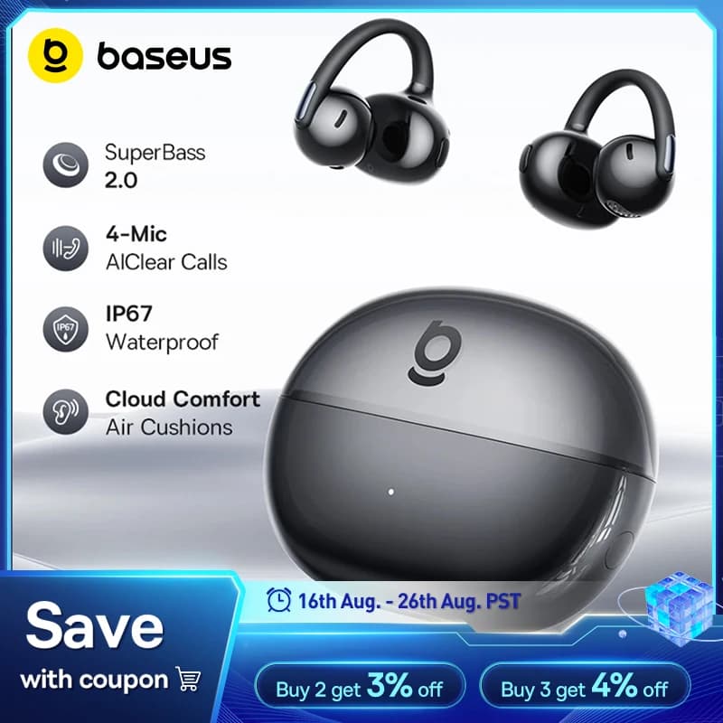 Baseus Bowie MC2 AIR Clip-on TWS Earbuds Ear Clips Wireless Earphones Bluetooth 6.0 Open Earrings 4 Mic ENC Sports Headphones