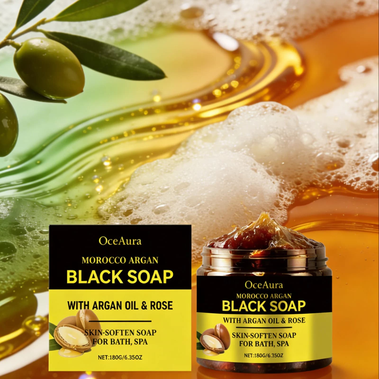 OceAura Sapone Nero Marocco Olio di Argan Esfoliante Corpo Liscio Morbido Professionale Pulizia Della Pelle Spa Olio di Fiore di Rosa Sapone da Bagno 180g