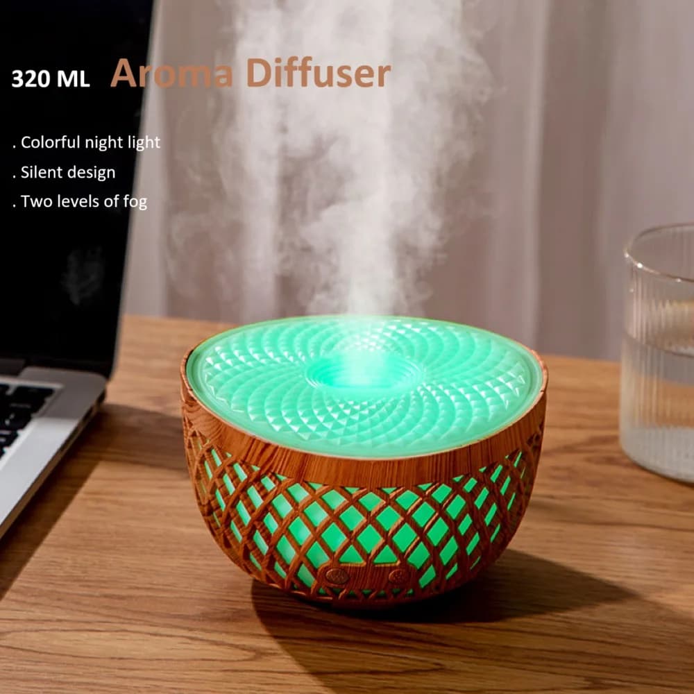 Diffusore di aromi ad ultrasuoni con venature del legno da 320 ml con luce a LED USB Smart Mist Maker Home Room Umidificatore Macchina per aromaterapia