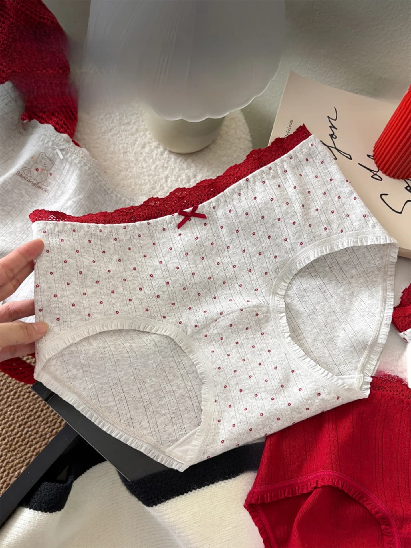 Red Pure Cotton Underwear Breathable Comfortable Pants for Girls Student Sweet Floral Print mid Waist Cotton