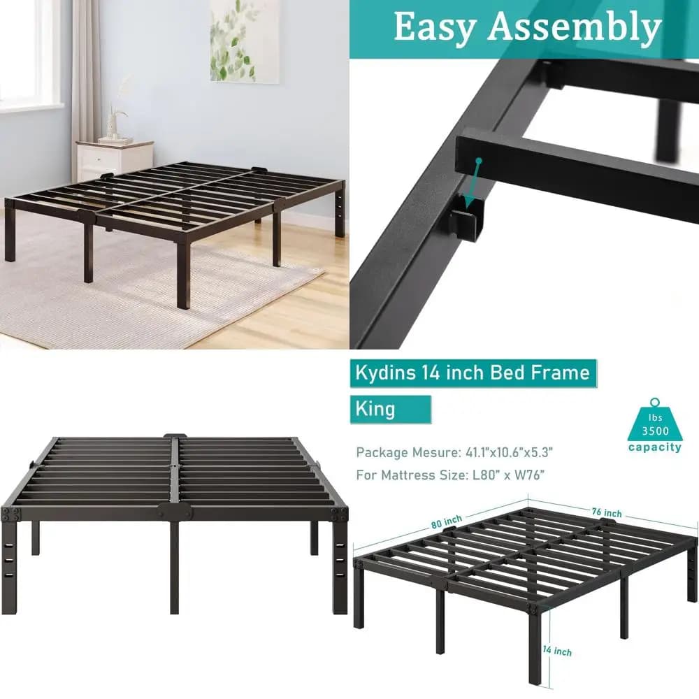 14 inch durable black metal platform bed with container, does not need slats, supports up to 3500 pounds, easy to mount, anti-slip design