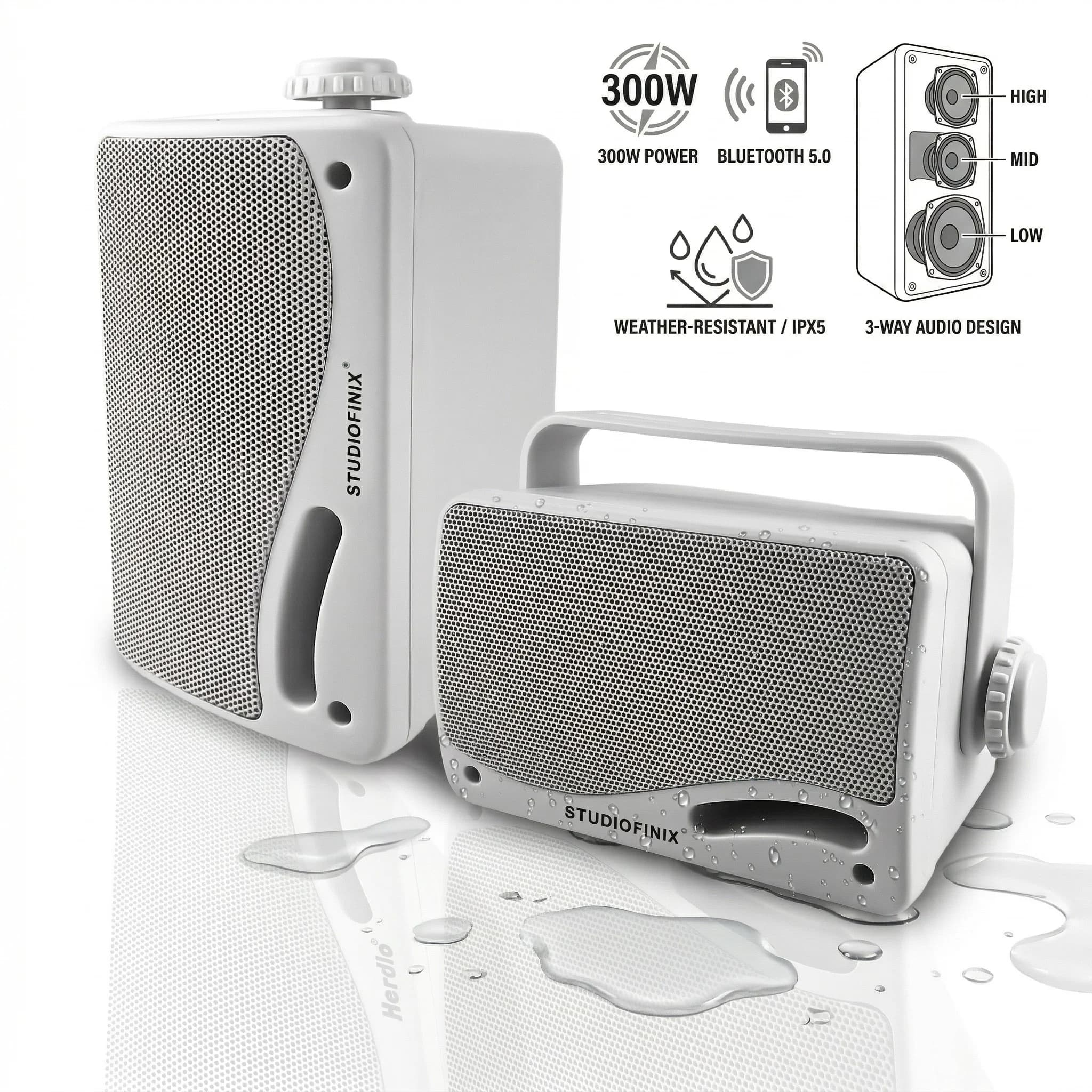 STUDIOFINIX Altoparlanti Bluetooth Impermeabili da Esterno a 3 Vie da 3,5 Pollici 300W, Montaggio a Parete Cablato, Upgrade Premium per Uso Interno ed Esterno
