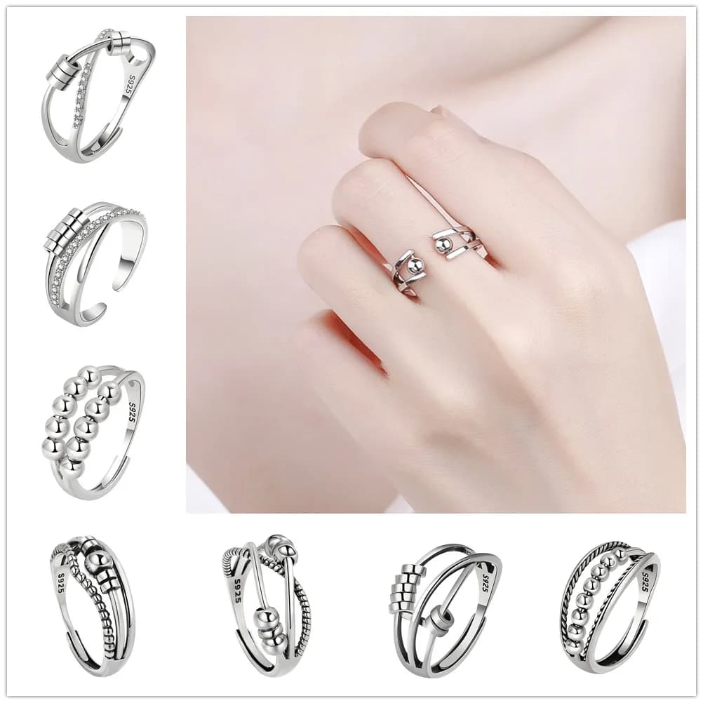 Anello aperto regolabile da donna con perline spinner in metallo intrecciato Anello agitatore per alleviare l'ansia Perline rotonde impilabili per il relax