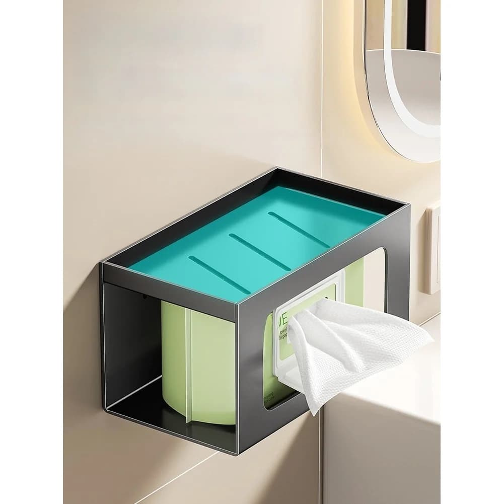 Toilet Paper Holder with Mounted Under Sink Configuration Recessed Shelf and Dual Dispensing Outlets for Practical Bathroom Use