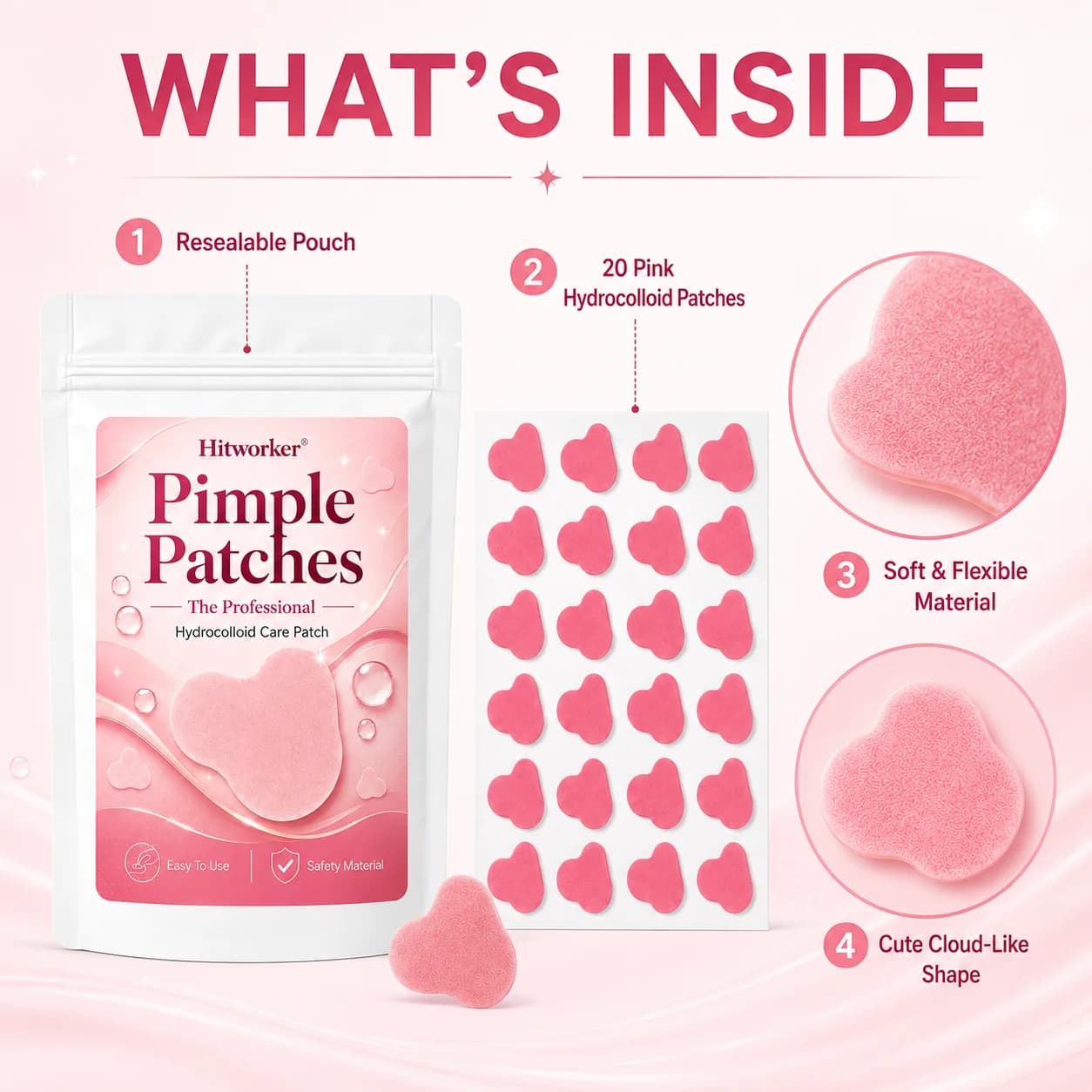 Pink Hydrocolloid Pimple Patches Cute Cloud Shaped Acne Spot Stickers Ultra-Thin Blemish Cover for Daily Skincare