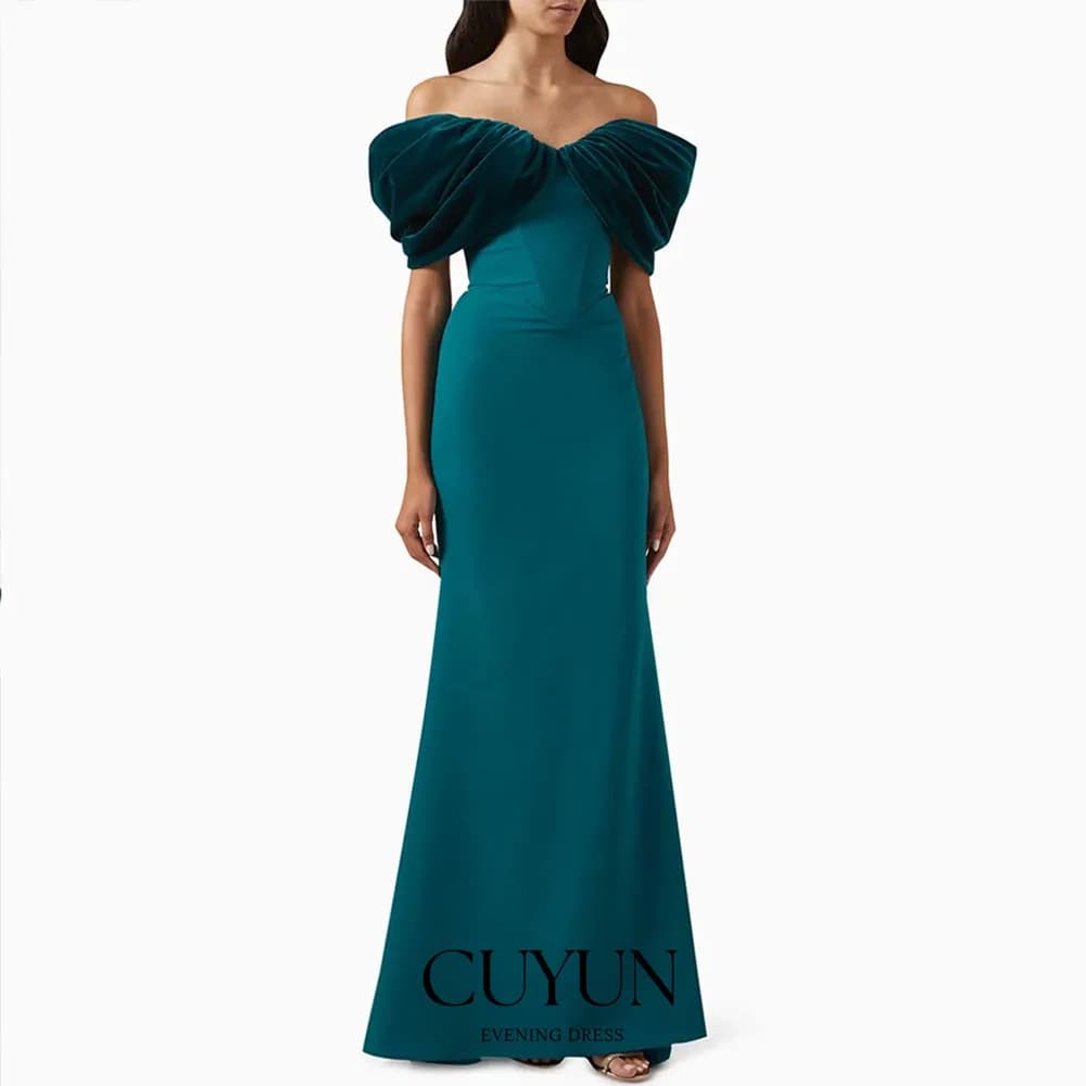 CUYUN Abito da ballo a sirena blu lago personalizzato per donna con spalle scoperte scollo a V lunghezza pavimento abito da sera semplice festa da damigella d'onore