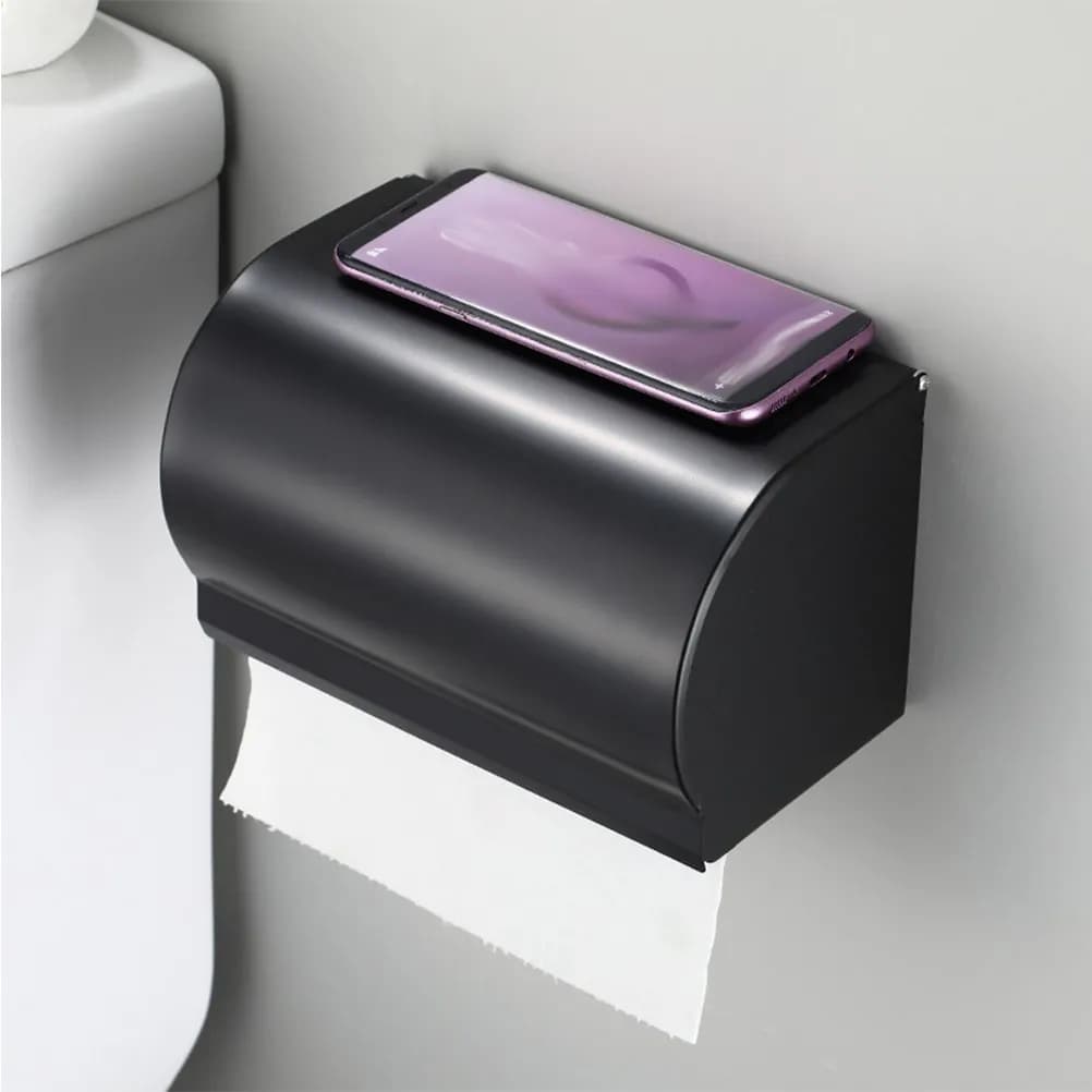 Black Toilet Paper Holder Box Wall Mount Tissue Dispenser Made of Aviation Aluminum Dust Water Resistant Elegant Bathroom
