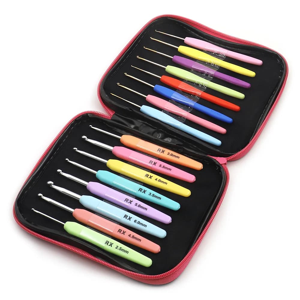 Set di 1 strumento colorato per tessitura, set combinato di uncinetti in allumina con manico in plastica morbida e borsa portaoggetti, strumenti fai da te per il maglieria