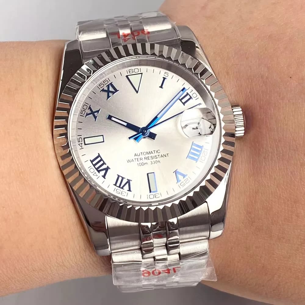 Orologio Subacqueo da Uomo 200M Impermeabile, 36mm 39mm, Quadrante Blu Grigio Sunburst, Numeri Romani, Vetro Zaffiro, NH35, Bracciale in Acciaio