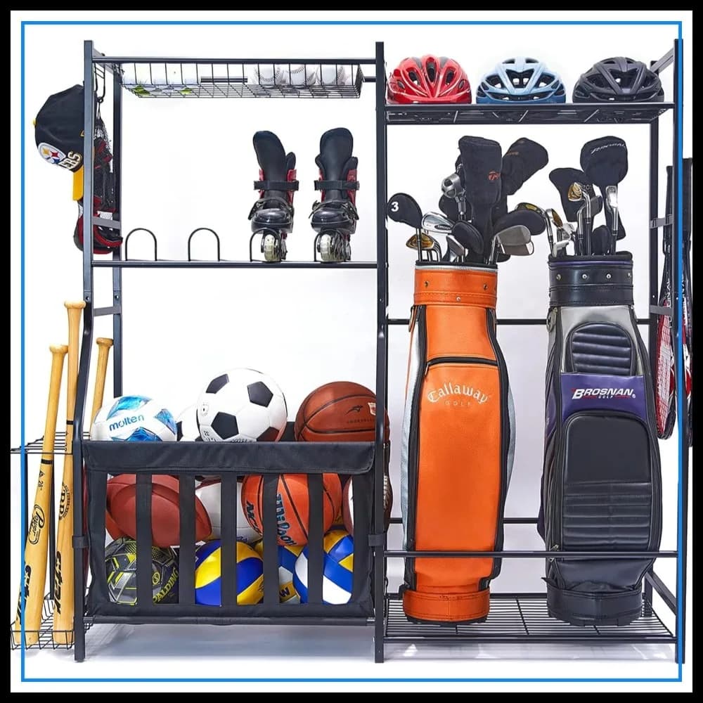Organizzatore per Attrezzature Sportive da Garage, Supporto per Sacche da Golf e Porta Palline, Contenitori per Giocattoli da Interno/Esterno con Cesti