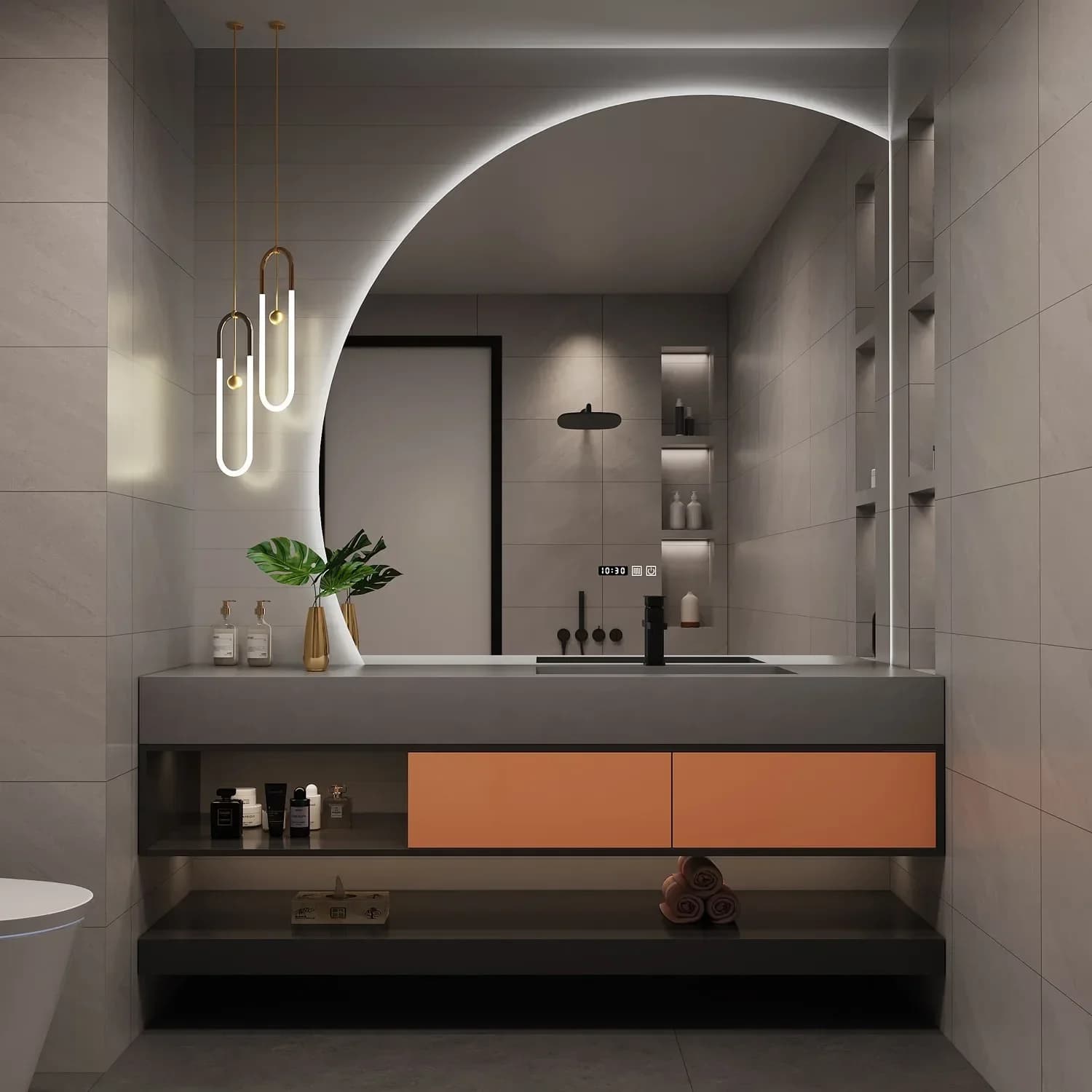 Armadietti da bagno in ardesia da 70-180 cm con lavabo Specchio semicircolare Lavabo integrato Mobili da bagno in legno massello
