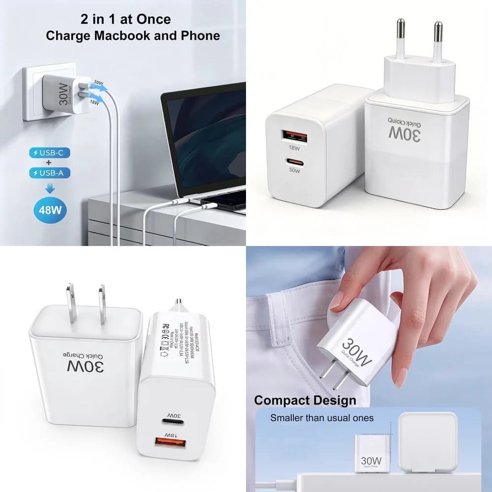 30W Type C Fast Charger Dual Port EU US Plug Smart Power Adapter for iPhone 17 16 15 Pro Max Samsung S26 S25 S24 S23 Ultra iPad