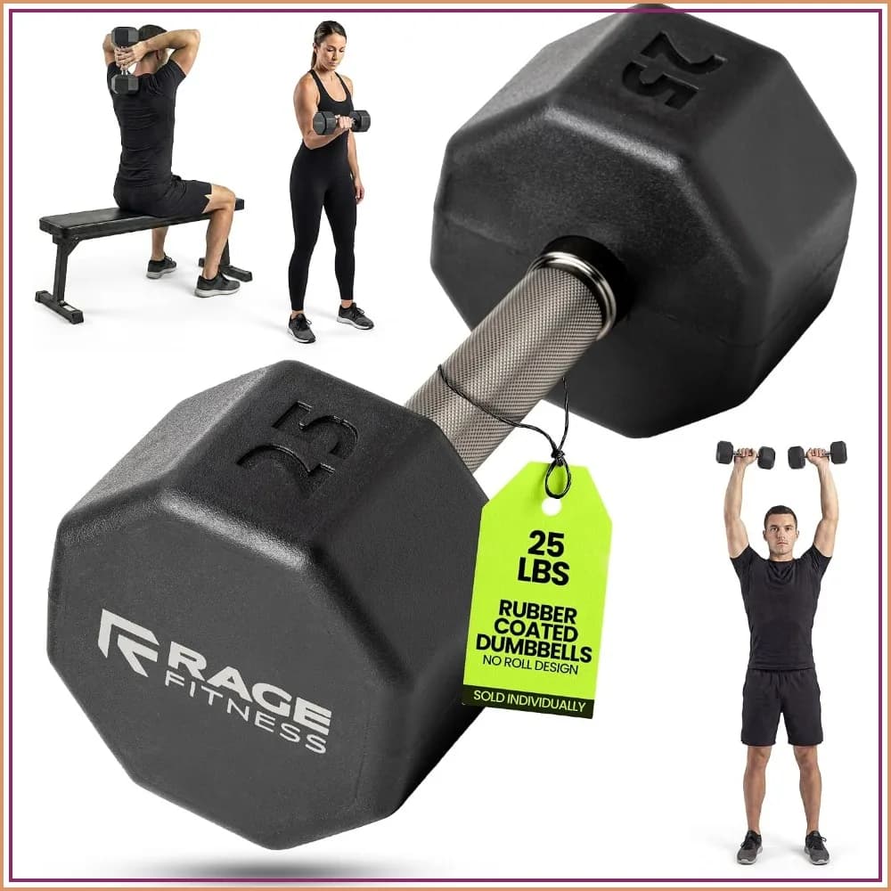Rubber Coated Dumbbells - No Roll Design, Easy-Grip Steel Knurled Handle, Strength Training, Home Gym, 10-60 LBS Sold Individually