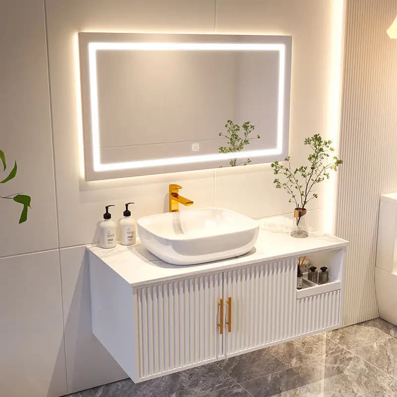 Combinazione Mobile Bagno Salvaspazio con Lavabo Integrato in Lastra di Roccia e Specchio Smart