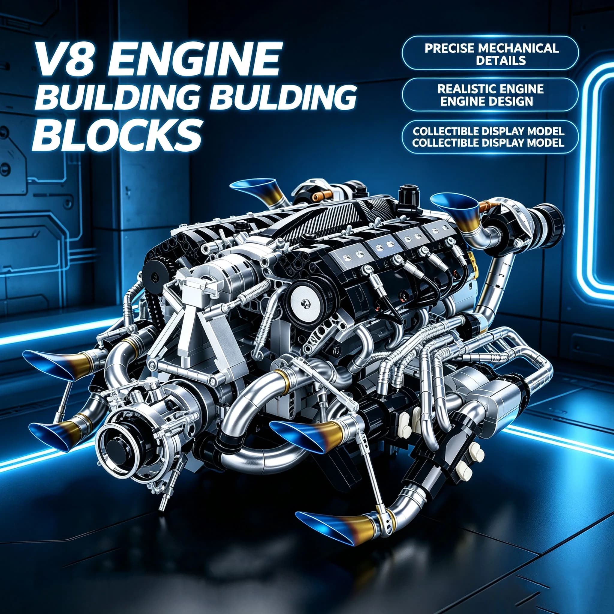 Technical Supercar V8 Engine Building Blocks Kit Model Power Motor Driven Desktop Ornaments Kids Adults Toy For Kids Xmas Gift