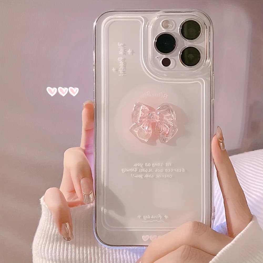 3D Translucent Pink Bowknot Pastel Clear Ribbon Bling Ins Phone Case For Xiaomi 17 Pro Max 15 Ultra 15T Pro 14T 13 Mi 11 Lite 5G
