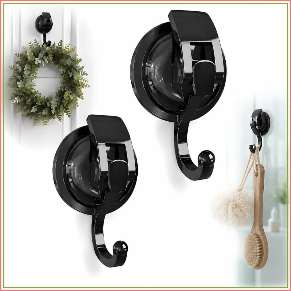 Heavy Duty Suction Cup Hooks, Matte Black, Super Strong Hold for Kitchen Bathroom, 2 Pack