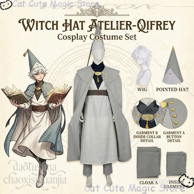 Cappello da strega anime, costume cosplay Qifrey, cappello magico, abito lungo magico Gary, pantaloni, parrucche, per feste di Halloween e Natale