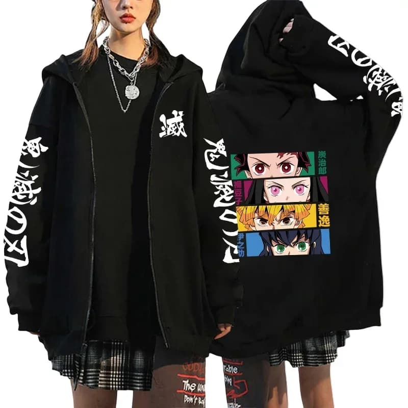 Tanjirou Zenitsu Inosuke Felpa modello Cappotto autunnale Stampa anime giapponese Felpa con cappuccio nera Giacca da donna con cerniera a maniche lunghe con cappuccio