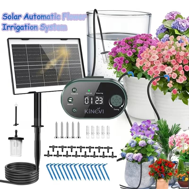 Solar Irrigation System Automatic Watering System for Plants Potted Vegetables, with Watering Timer 22 Timer Modes&15m Hose etc