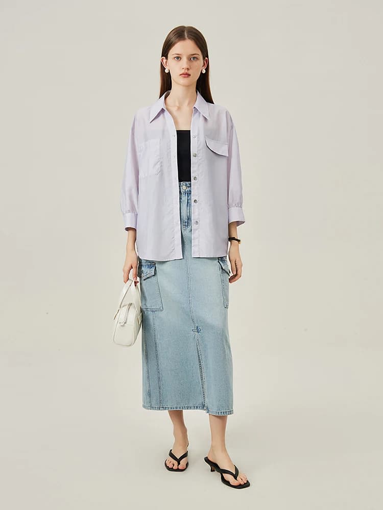 FSLE Blue Beige Sunscreen camicia a maniche a tre quarti camicia da donna allentata Casual nuova estate 2024 da donna 24 fs12433