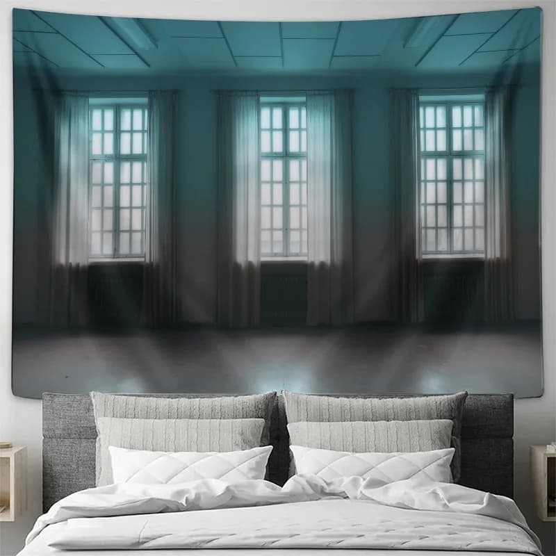 Modern Interior Room with Three Windows and Curtains Wall Tapestry Machine Washable All Season Decor Home Simple Installation