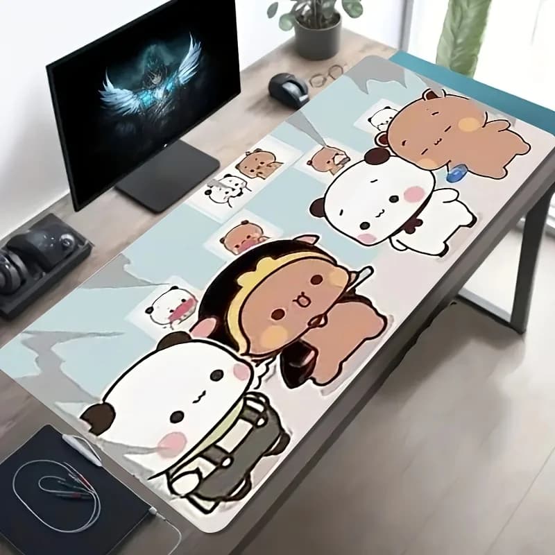 Tappetino per Mouse da Gaming con Coppia di Panda Cartoon, Extra Large, Antiscivolo, in Gomma, per Ufficio