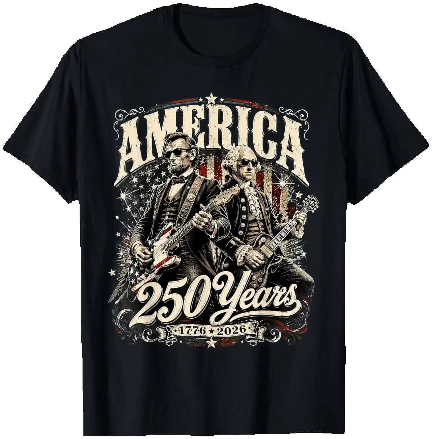America USA 250 Years Washington Lincoln Rock 4Th Of July T-Shirt Summer Short-Sleeved Breathable Sweat-Wicking Versatile Trendy