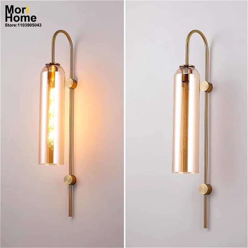 Lampada da parete in tubo di vetro con cilindro ambrato, applique nordiche blu/bianco/grigio affumicato, lampada decorativa frontale per specchio da bagno, corridoio della camera da letto