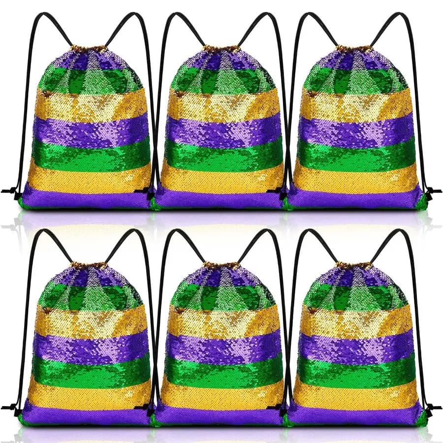Zaino con Paillettes per Mardi Gras, Accessorio per Costume da Carnevale, Borsa con Coulisse a Righe Viola, Verdi e Dorate