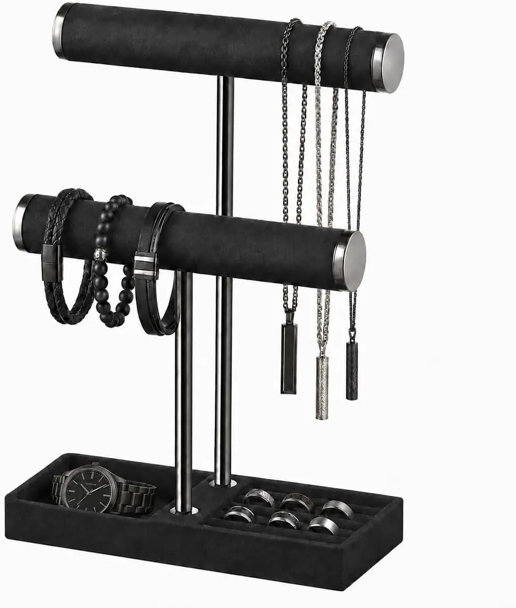 2 Tier Velvet Bracelet Holder Display - Detachable T Bar, Black Jewelry Organizer for Bracelets, Necklaces, Rings