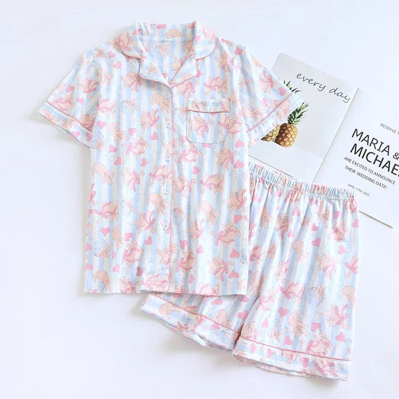2pcs Women's Pajama Set Cute Cartoon Casual Style 100% Knit Cotton Short Sleeve & Shorts Plus Size Loose Thin Lightweight Wearab