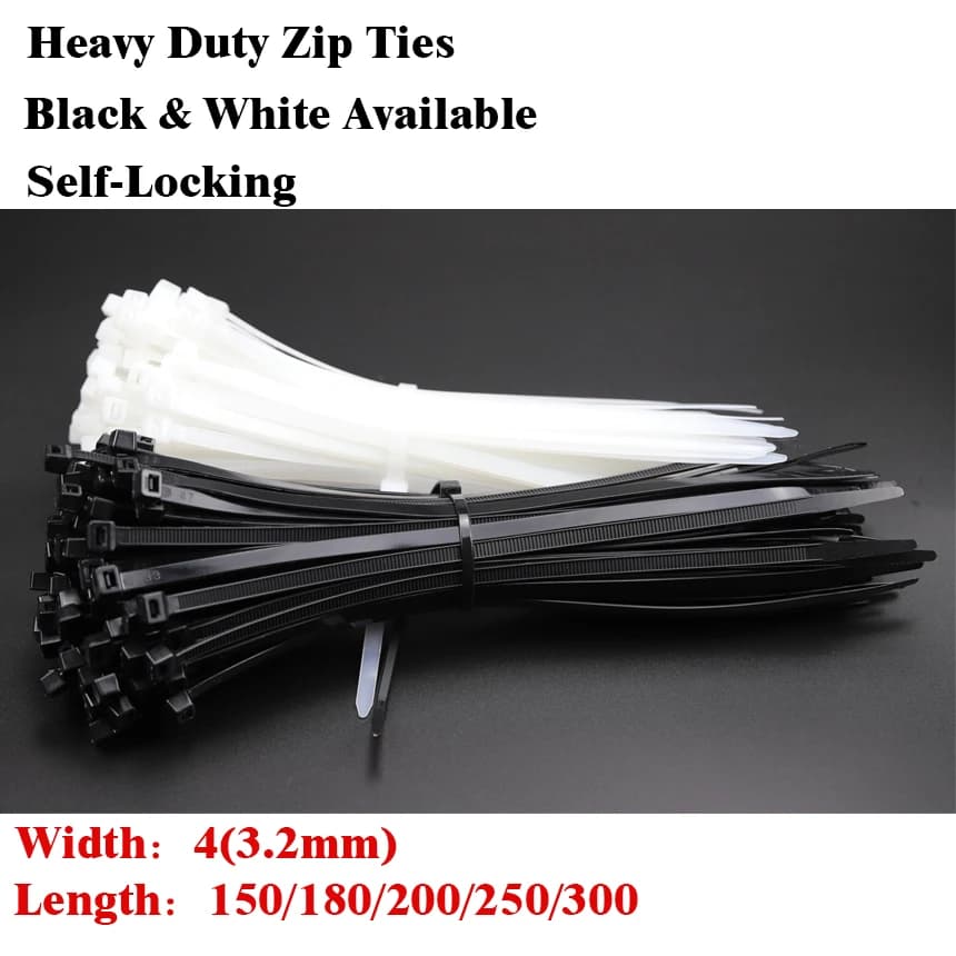 4*150/180/200/250/300mm Self-locking Plastic Black White Cable Wire Fastening Binding Ring Wraps Strap Zip Ties Cable Tie