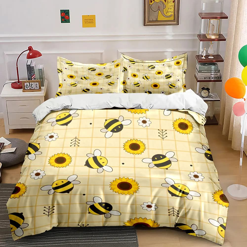 Set copripiumino con motivo api e girasoli, stampa digitale, biancheria da letto colorata in poliestere con chiusura a cerniera, per regali per bambini