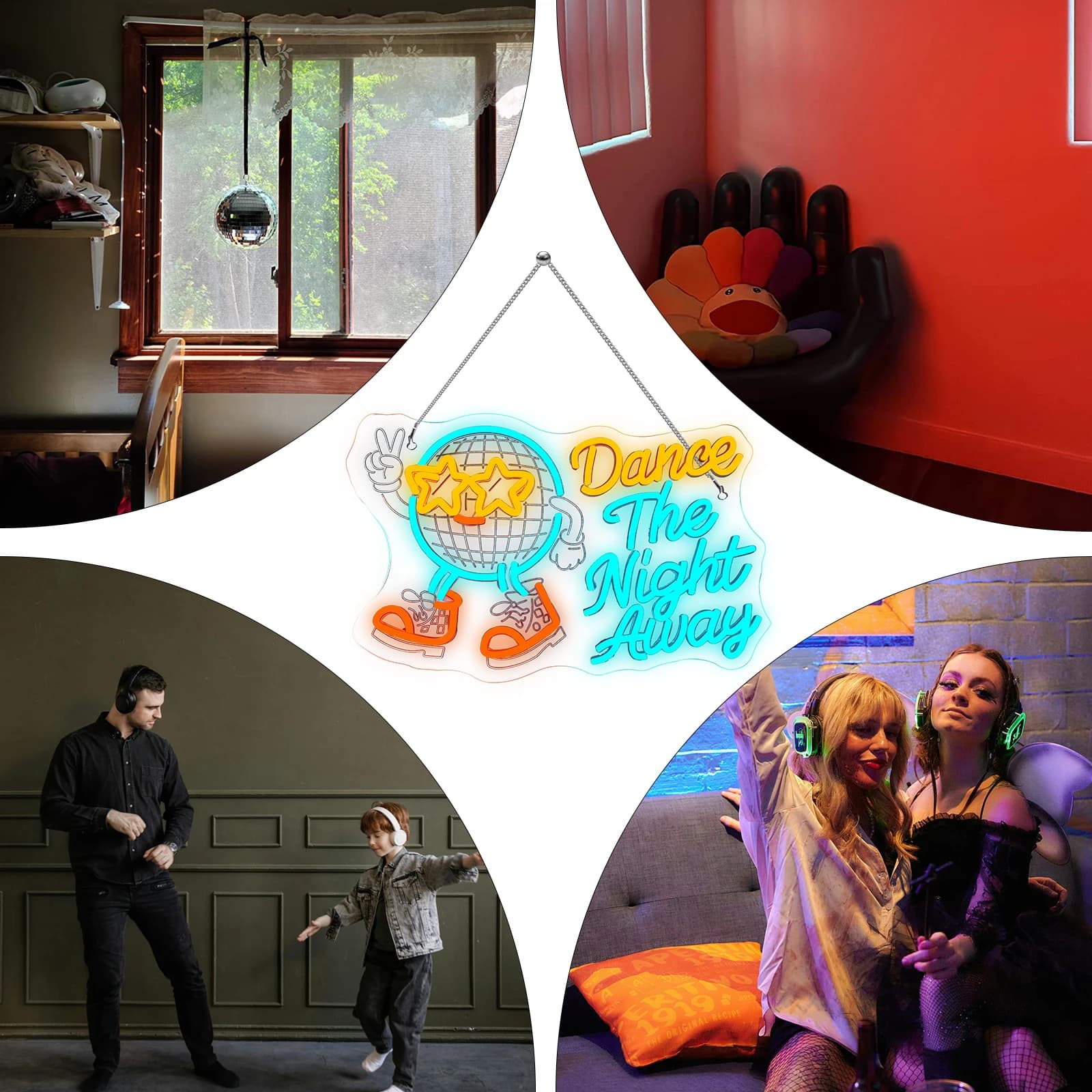 Dance The Night Away Insegna al neon Luce al neon a LED dimmerabile per la decorazione della parete con alimentazione USB Decorazione per feste con design a sfera da discoteca