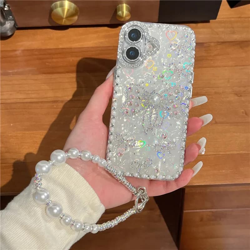 Glitter Aurora Bow Shell Phone Case With Bracelet Chain For iPhone iPhone 17 Pro Max Case 16 15 14 13 Air Laser Love Heart Cover