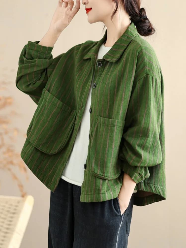 Giacca in cotone a doppio strato a righe in stile coreano, cardigan casual da donna, top alla moda senza tempo, nuovo arrivo autunnale, cappotto corto