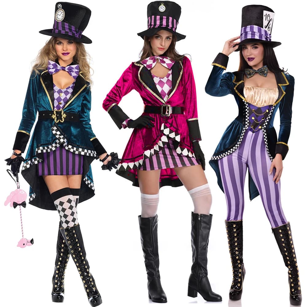 Costume da Clown Magico Cappellaio Matto per Cosplay, Abito Sexy da Fiaba per Adulti, Smoking da Spettacolo di Circo Magico per Donne