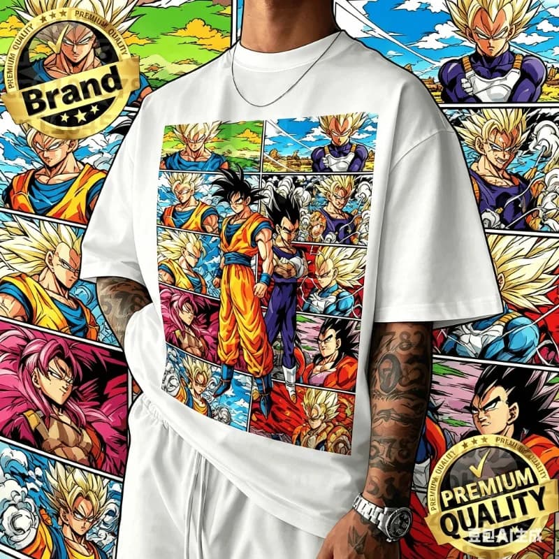2026 New Arrival Dragon Ball Oversized Retro Anime T-shirt | Goku Retro Collage Graphic Print 100% Cotton Casual Tee for Family