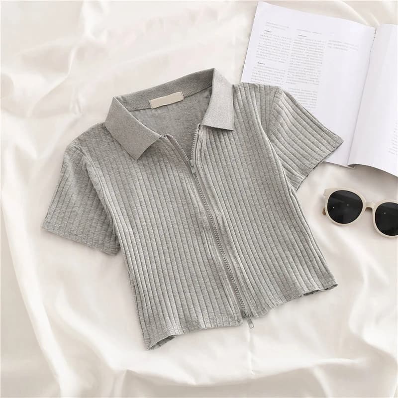 T-shirt da donna in maglia a maniche corte con risvolto, nuovo modello estivo, top corto sopra il navel con cerniera, stile coreano semplice, versatile, slim fit